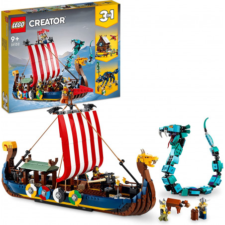 Lego 31132 Creator 3-en-1 Le Bateau Viking et Le Serpent de Midgard, Jouet pour Enfants Transformable en Maison avec Un Dragon