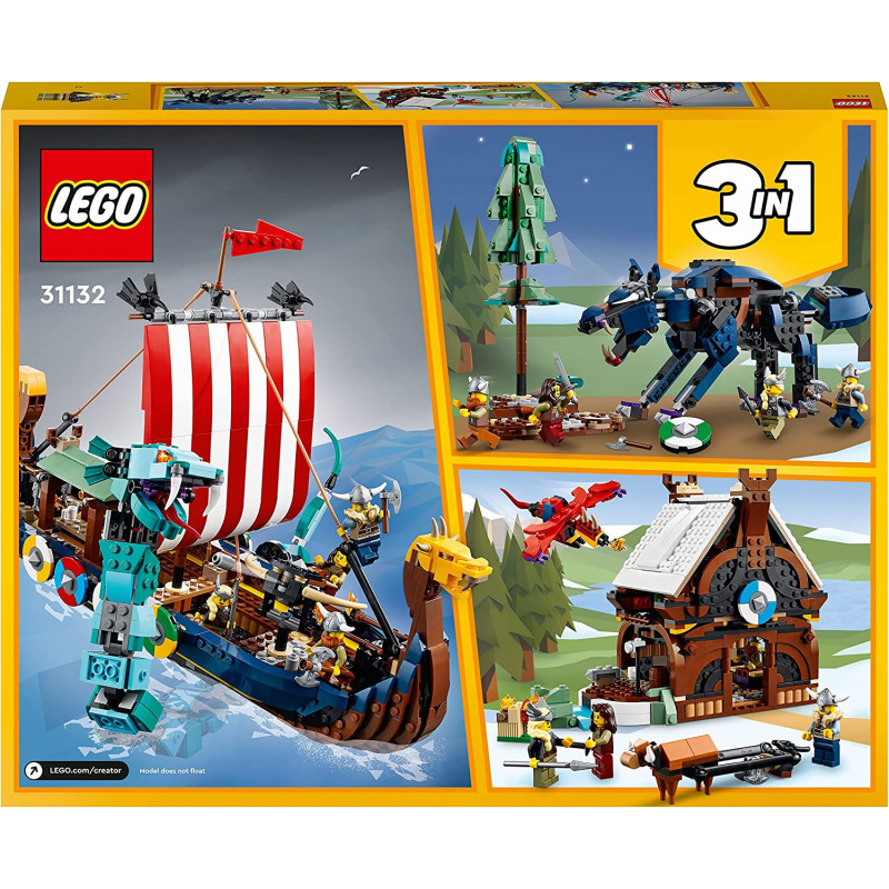 Lego 31132 Creator 3-en-1 Le Bateau Viking et Le Serpent de Midgard, Jouet  pour
