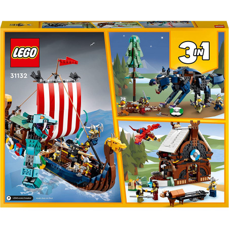Lego 31132 Creator 3-en-1 Le Bateau Viking et Le Serpent de Midgard, Jouet pour Enfants Transformable en Maison avec Un Dragon