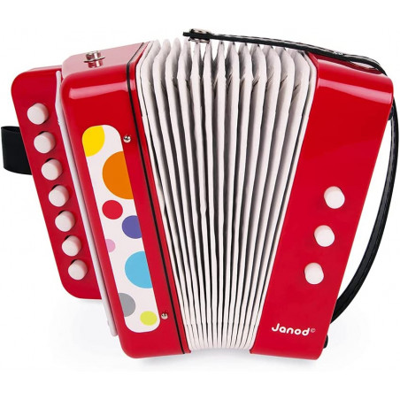 Janod - Accordéon à Soufflet Confetti - Jouet d'Imitation et d'Éveil Musical - Sangle de maintien - Rouge - dès 3 ans, J07620
