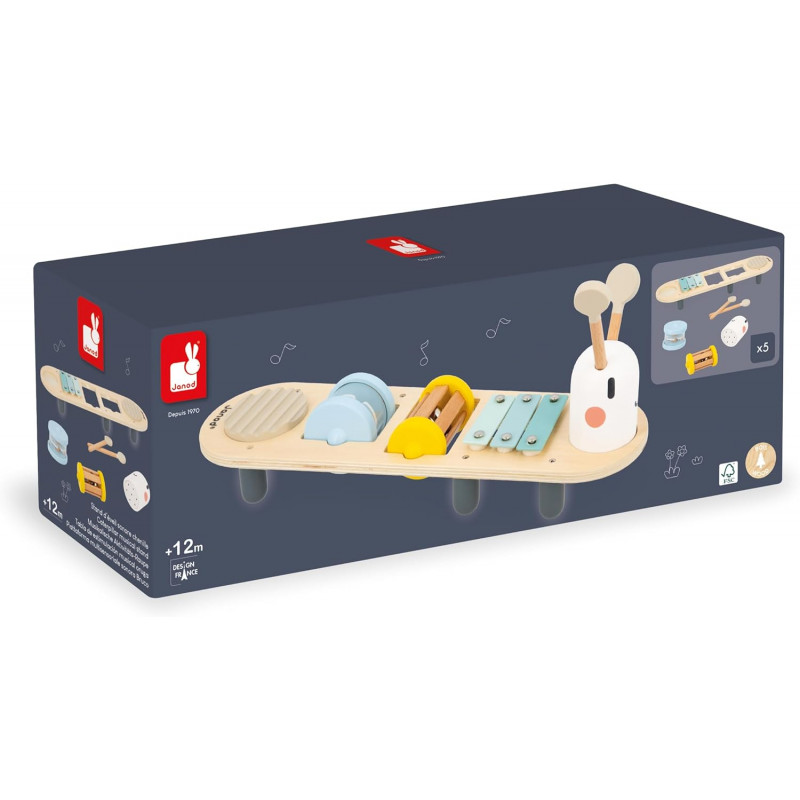 Stand d'Éveil Sonore Chenille Sweet Cocoon - 5 Activités Sonores pour Enfant - Jeu d'Éveil Musical - Janod