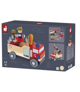 Camion de Pompiers Brico'kids en Bois - Janod - Jeu de construction - avec 2 Pompiers - 45 Pièces, Facile à Monter
