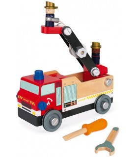 Camion de Pompiers Brico'kids en Bois - Janod - Jeu de construction - avec 2 Pompiers - 45 Pièces, Facile à Monter