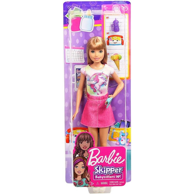 Barbie Famille poupée Skipper baby-sitter aux cheveux blonds, avec jupe et 5 accessoires dont téléphone et biberon